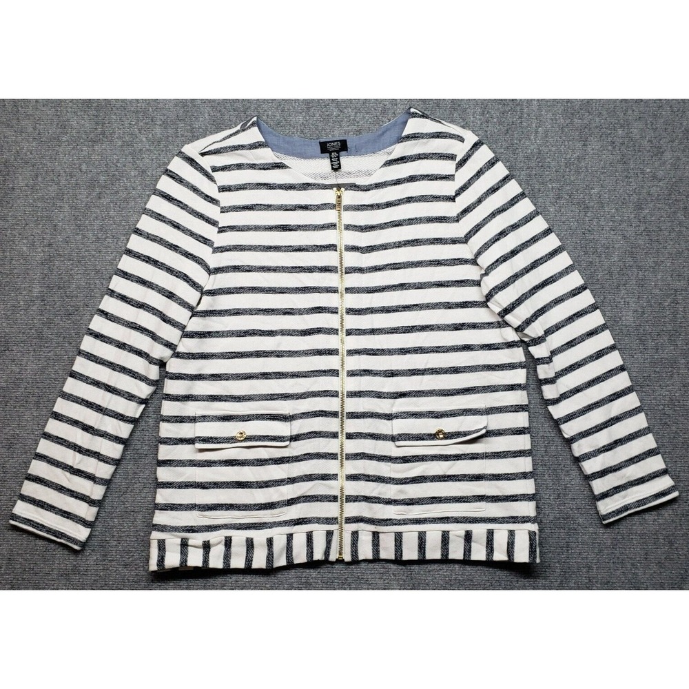 Jones New York Sweater Womens Size XL Marl Stripe Ivory Navy Full Zip Pocket New